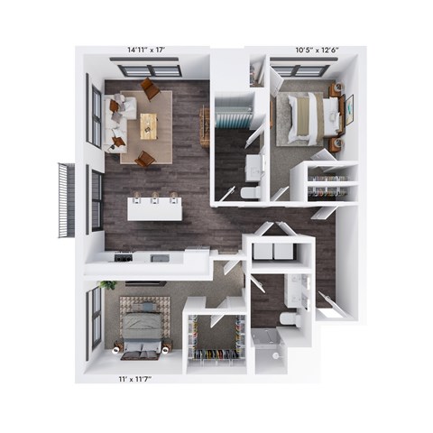 Floor plan for 2 beds, 2 baths, 1283 sqft